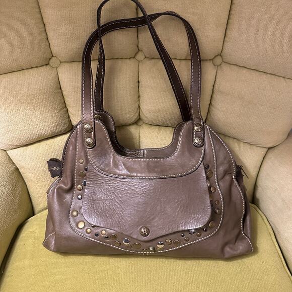 Patricia Nash Brown Leather Shoulder Bag Tote Studded Boho Satchel Purse - Picture 2 of 10